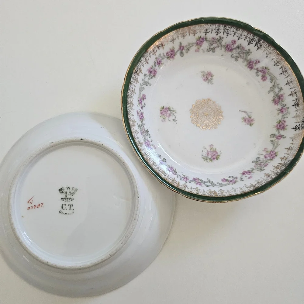 Antique C.T. Germany Carl Tielsch Porcelain Bowls Pink Roses Green Gold Gilt 2pc